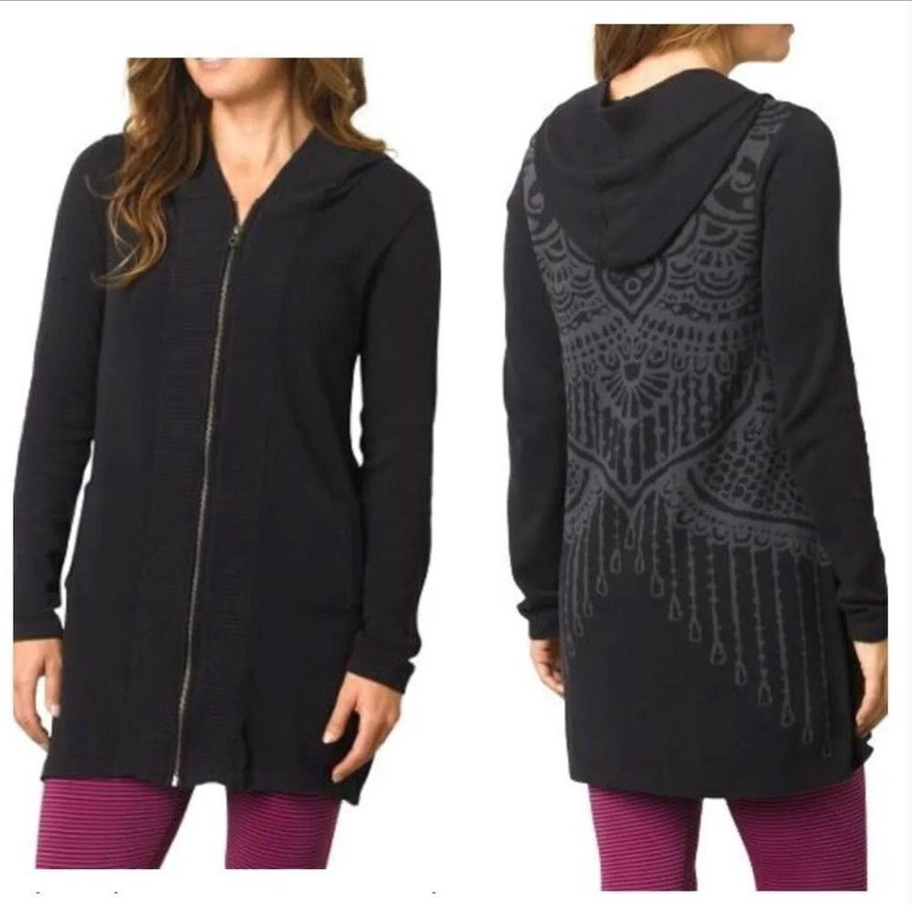 Prana Long Full Zip Black Tunic Sweater Duster‎ Misha Design on Back Size Med